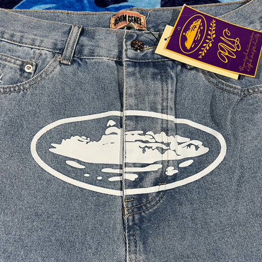 Corteiz Alcatraz Denim Shorts Blue