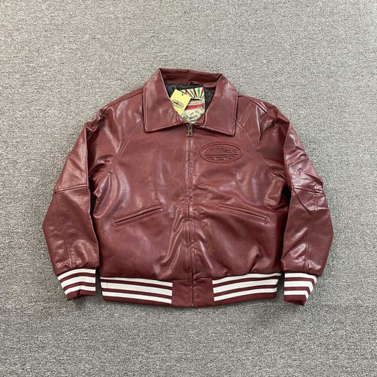 Corteiz Leather Da Skydive Jacket Burdgundy