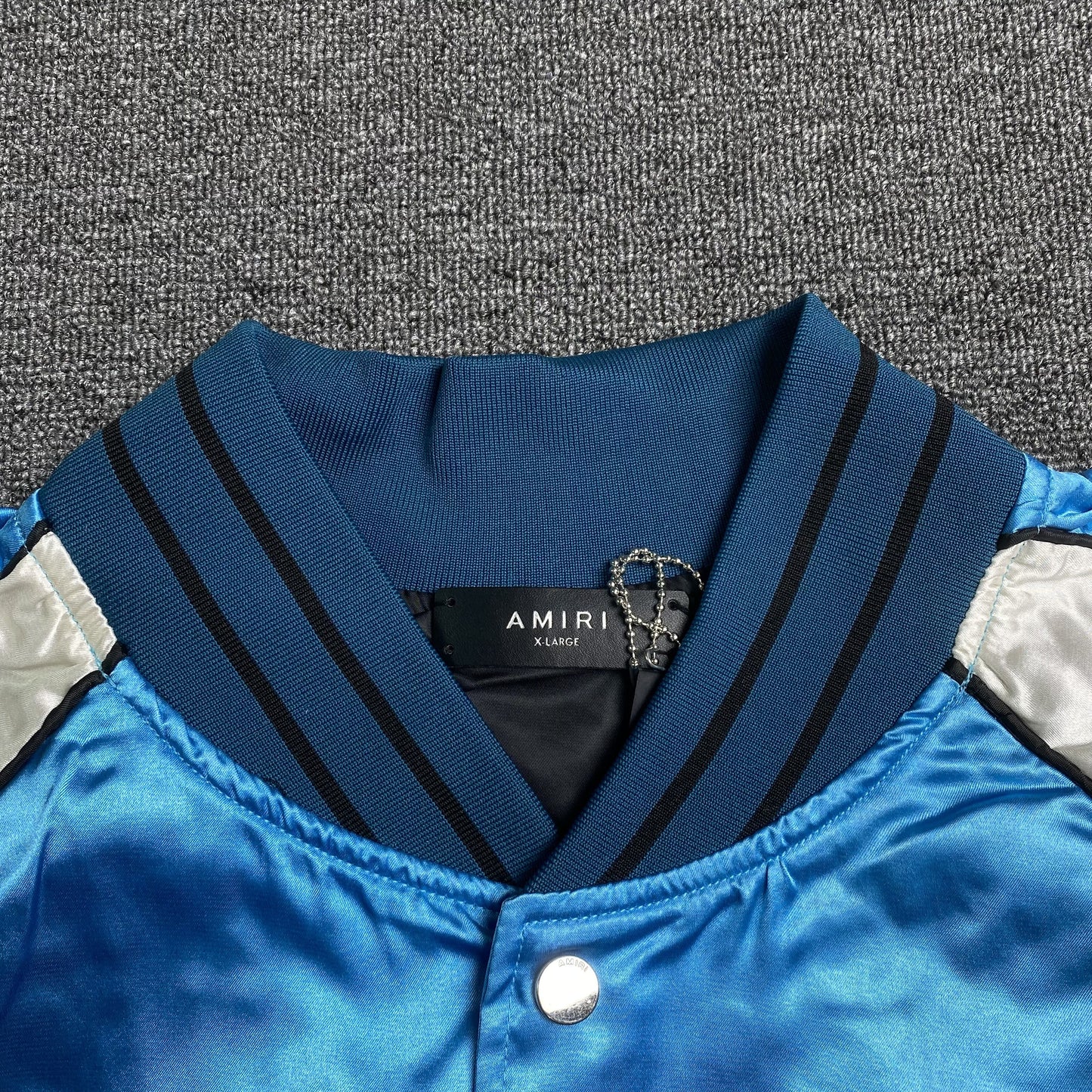 AMIRI SATIN FLAMES SOUVENIR VARSITY BOMBER JACKET BLUE