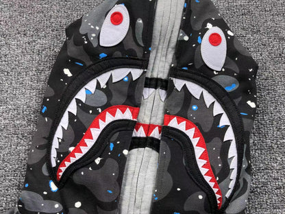 BAPE SPACE CAMO SHARK FULL ZIP DOUBLE HOODIE BLACK