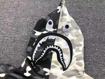 BAPE CITY CAMO HALF SHARK FULL ZIP HOODIE BLACK WHITE