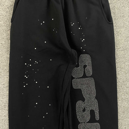 Sp5der Rhinestone Silk Sweatpants Black