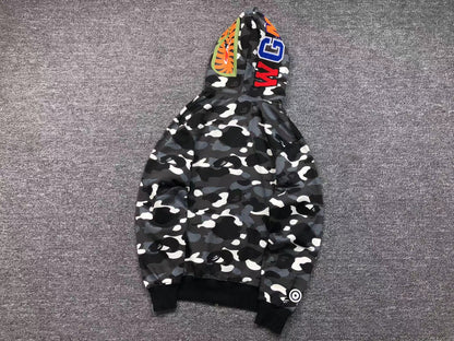 BAPE CITY CAMO SHARK WIDE FULL ZIP DOUBLE HOODIE BLACK