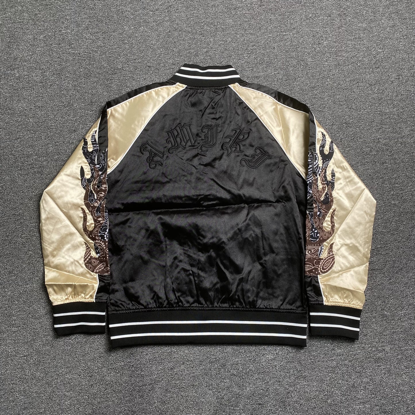 AMIRI SATIN FLAMES SOUVENIR VARSITY BOMBER JACKET BLACK