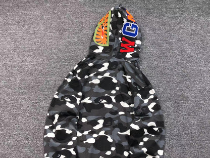 BAPE CITY CAMO SHARK WIDE FULL ZIP DOUBLE HOODIE BLACK