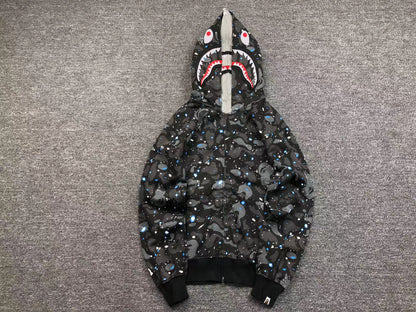 BAPE SPACE CAMO SHARK FULL ZIP DOUBLE HOODIE BLACK