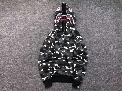 BAPE CITY CAMO SHARK WIDE FULL ZIP DOUBLE HOODIE BLACK