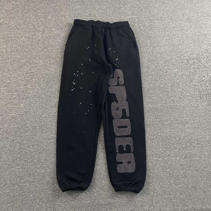 Sp5der Rhinestone Silk Sweatpants Black