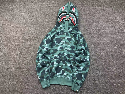 BAPE COLOR CAMO SHARK WIDE FULL ZIP DOUBLE HOODIE GREEN