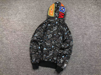 BAPE SPACE CAMO SHARK FULL ZIP DOUBLE HOODIE BLACK