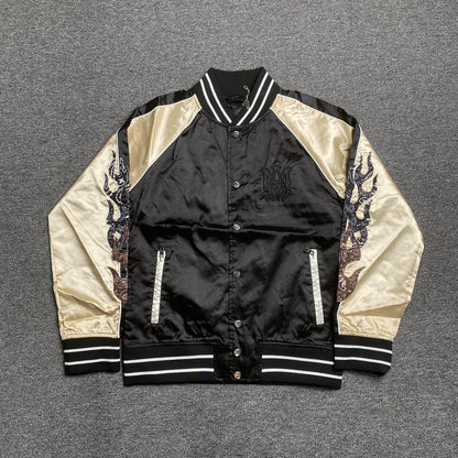 AMIRI SATIN FLAMES SOUVENIR VARSITY BOMBER JACKET BLACK