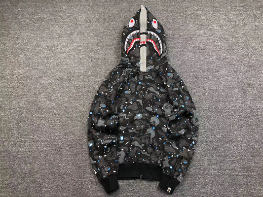 BAPE SPACE CAMO SHARK FULL ZIP DOUBLE HOODIE BLACK-Drip Store Argentina
