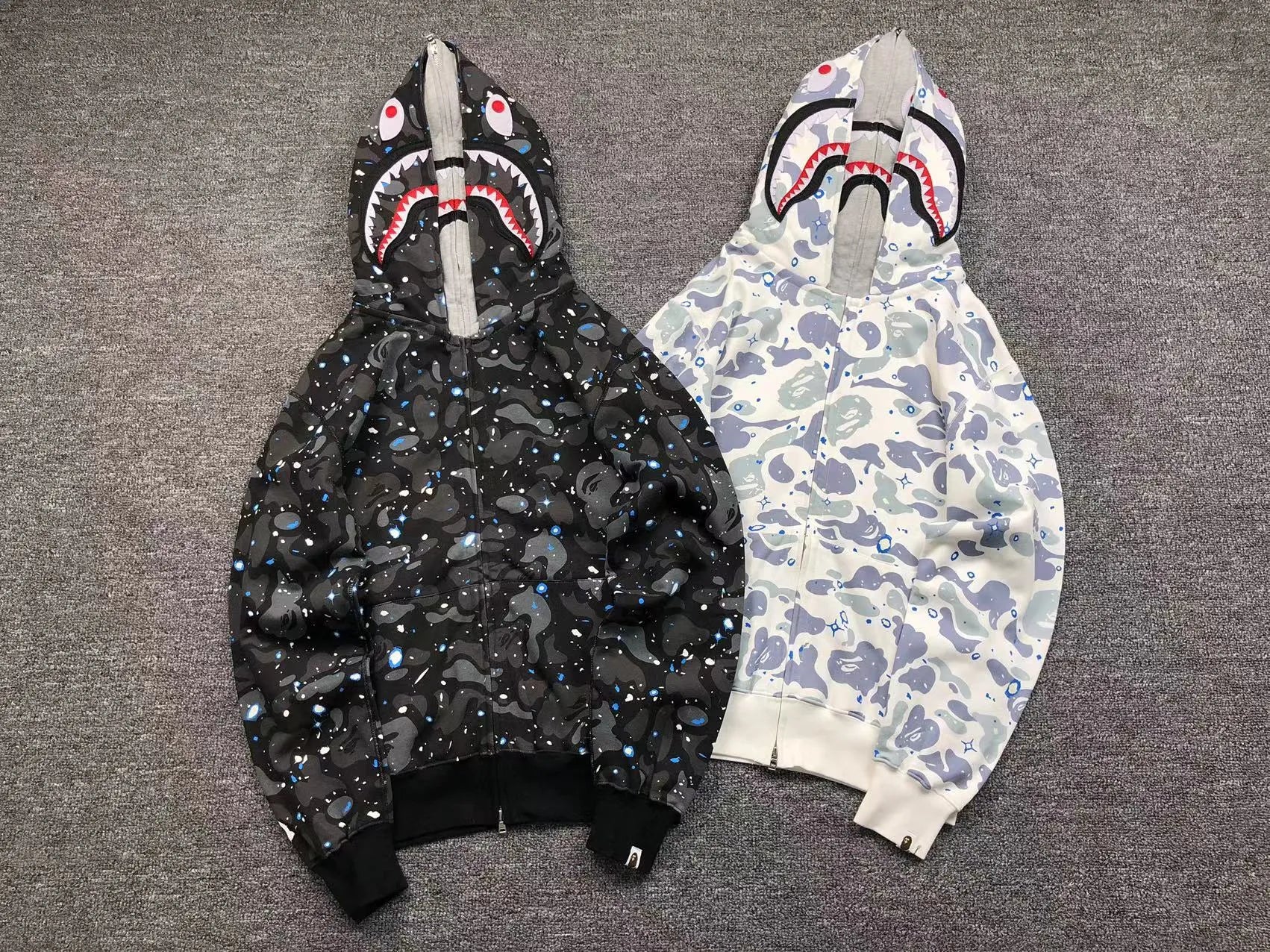 BAPE SPACE CAMO SHARK FULL ZIP DOUBLE HOODIE WHITE-Drip Store Argentina
