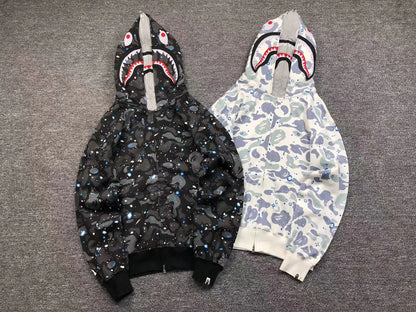 BAPE SPACE CAMO SHARK FULL ZIP DOUBLE HOODIE WHITE-Drip Store Argentina