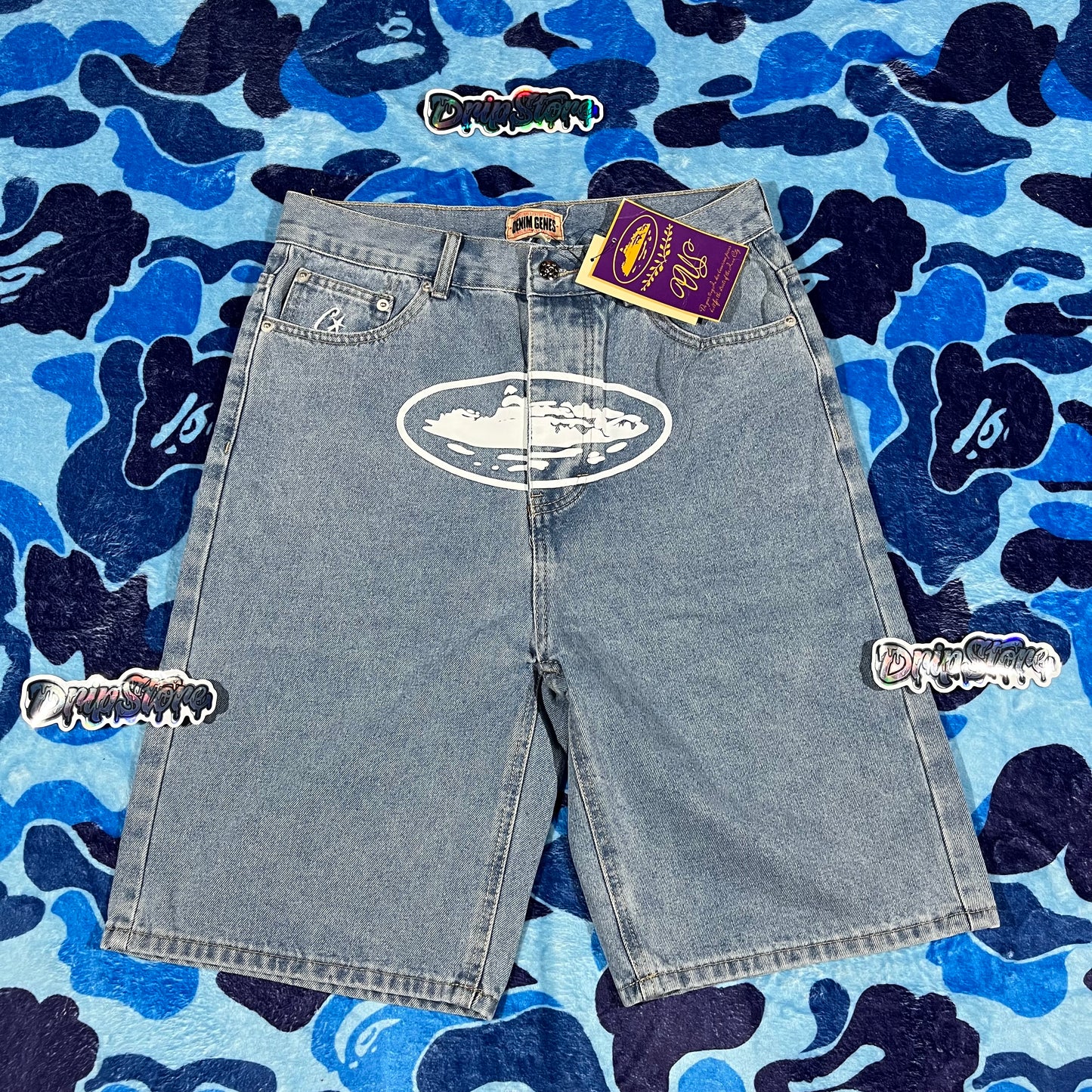 Corteiz Alcatraz Denim Shorts Blue