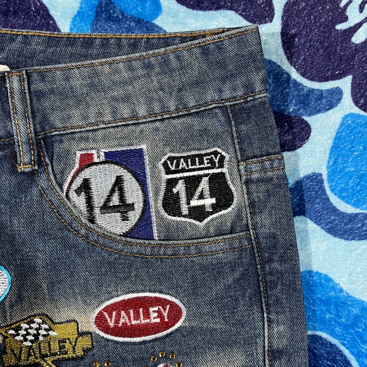 Vale Forever Skittles Patch 1980s Denim Shorts Blue