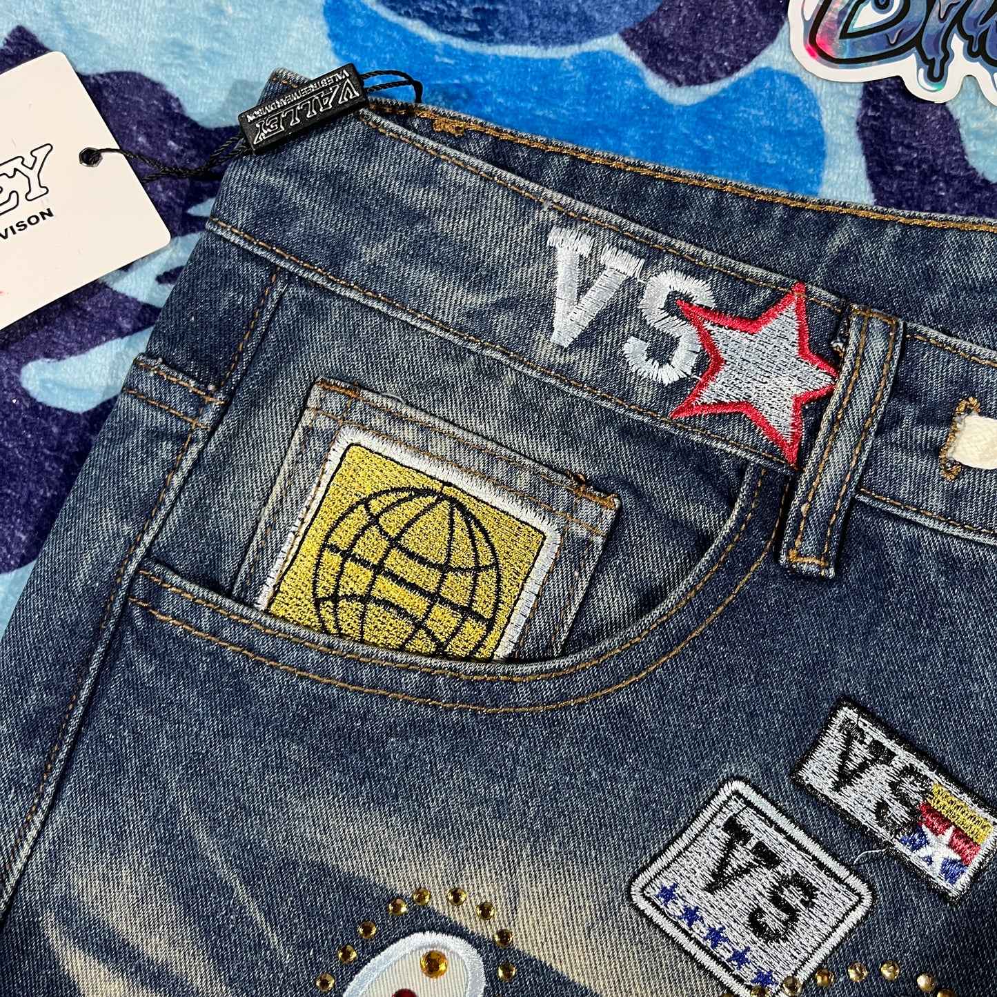 Vale Forever Skittles Patch 1980s Denim Shorts Blue