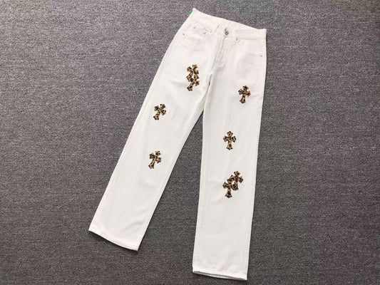 Chrome Hearts Leopard Cross Patch Jeans White