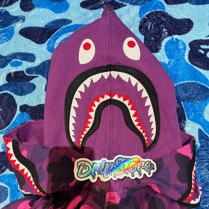 BAPE COLOR CAMO SHARK WIDE FULL ZIP DOUBLE HOODIE PURPLE