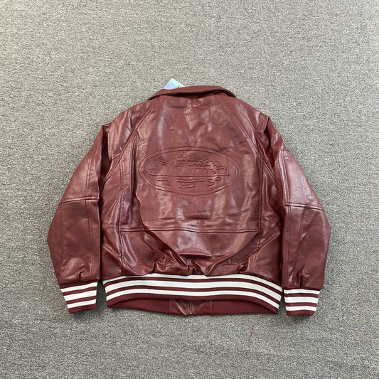 Corteiz Leather Da Skydive Jacket Burdgundy