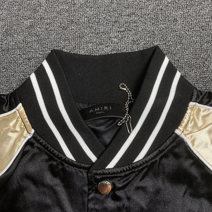 AMIRI SATIN FLAMES SOUVENIR VARSITY BOMBER JACKET BLACK