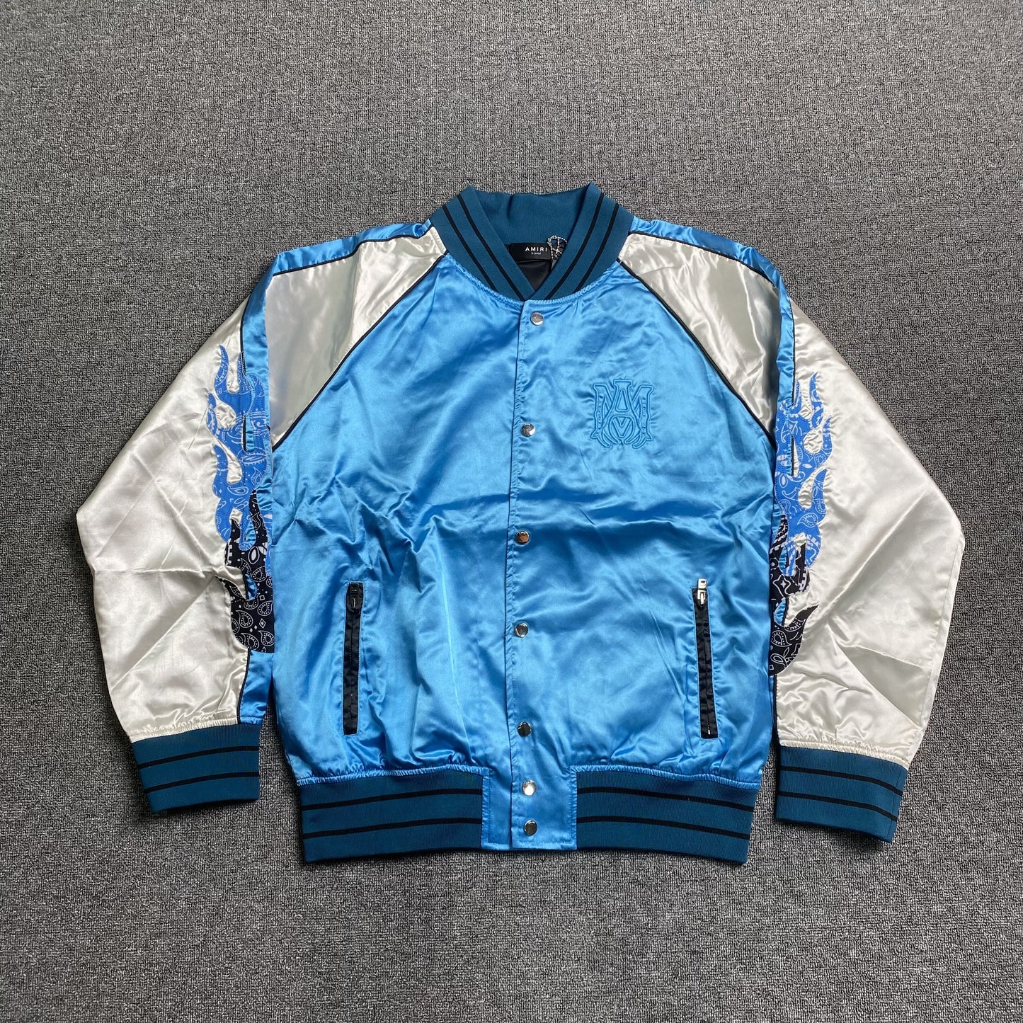 AMIRI SATIN FLAMES SOUVENIR VARSITY BOMBER JACKET BLUE