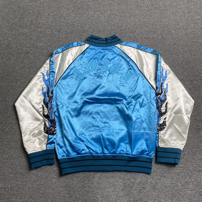 AMIRI SATIN FLAMES SOUVENIR VARSITY BOMBER JACKET BLUE