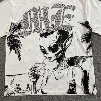 Mixed Emotion Beach Rhinestone Tee White