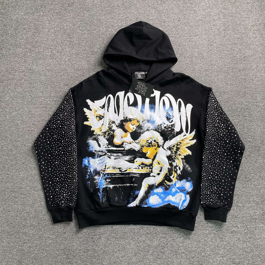 Mixed Emotion Fallen Angels Rhinestone Hoodie Black