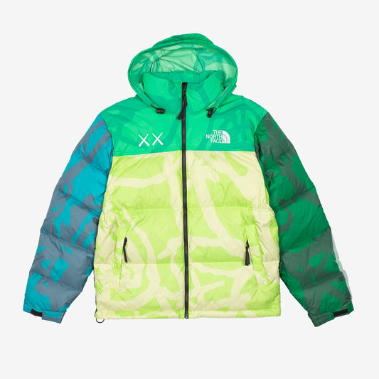 KAWS X THE NORTH FACE RETRO 1996 NUPTSE JACKET SAFETY GREEN NUPTSE PRINT