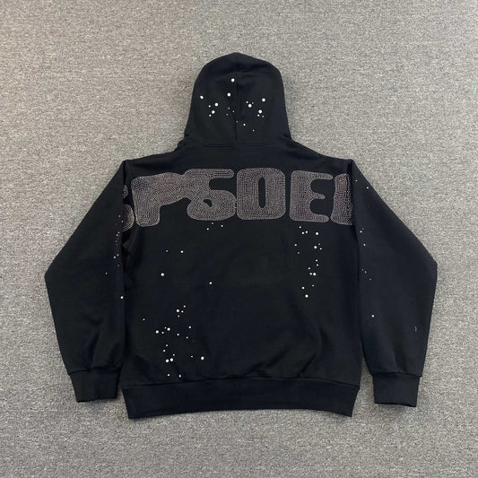 Sp5der Rhinestone Silk Hoodie Black