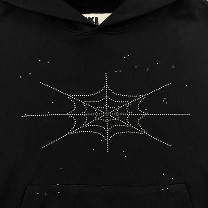 Sp5der Rhinestone Silk Hoodie Black