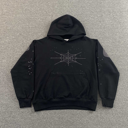 Sp5der Rhinestone Silk Hoodie Black