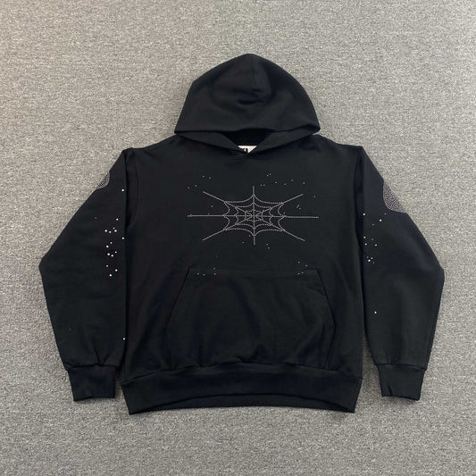 Sp5der Rhinestone Silk Hoodie Black