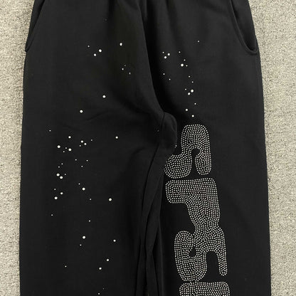 Sp5der Rhinestone Silk Sweatpants Black